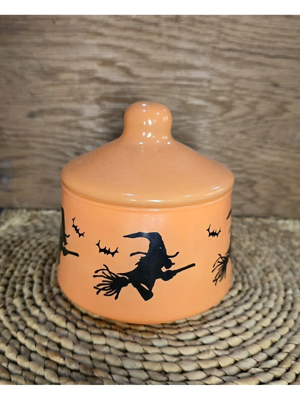 Vintage Indiana Glass Halloween Witch Bat Lidded Jar Candy Dish